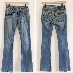 Miss Me Boot Cut Black and White Embroidered Diamond Studded Denim Jeans Size 26